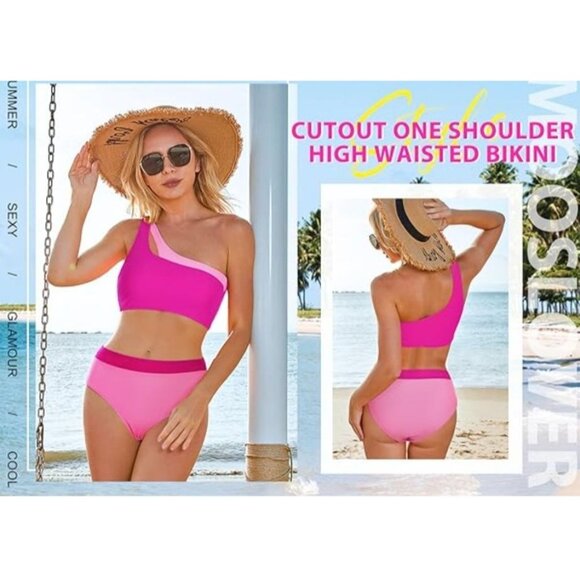 Mooslover Womens Cutout One Shoulder High Waisted Bikini Set High Cut Size S - Picture 3 of 8